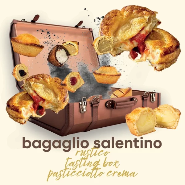 Bagaglio Salentino - Tasting box da 22 pasticciotti, 1 box da 24 pasticciotti crema 80gr e 2 box da 10pz di rustico Leccese - Tiziano LE